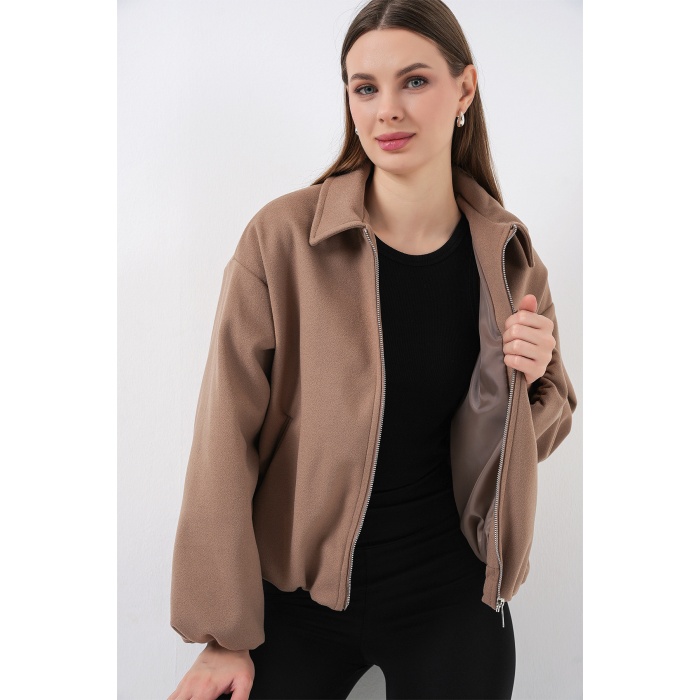 Kadın Büzgülü Oversize Kaşe Ceket 0728 - Bisküvi