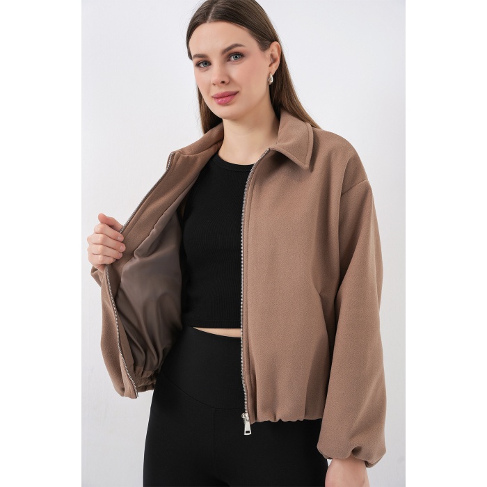 Kadın Büzgülü Oversize Kaşe Ceket 0728 - Bisküvi