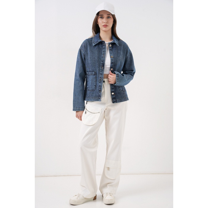 Kadın Çift Cepli Denim Ceket 0731 - Lacivert