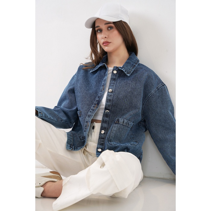Kadın Çift Cepli Denim Ceket 0731 - Lacivert