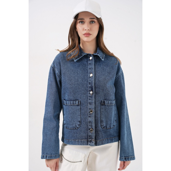 Kadın Çift Cepli Denim Ceket 0731 - Lacivert