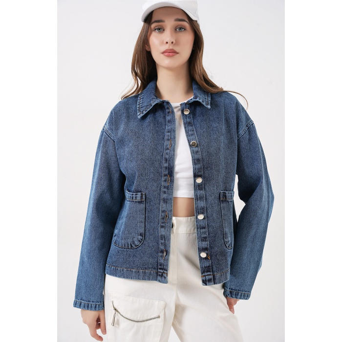 Kadın Çift Cepli Denim Ceket 0731 - Lacivert