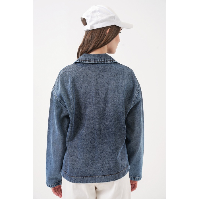 Kadın Çift Cepli Denim Ceket 0731 - Lacivert