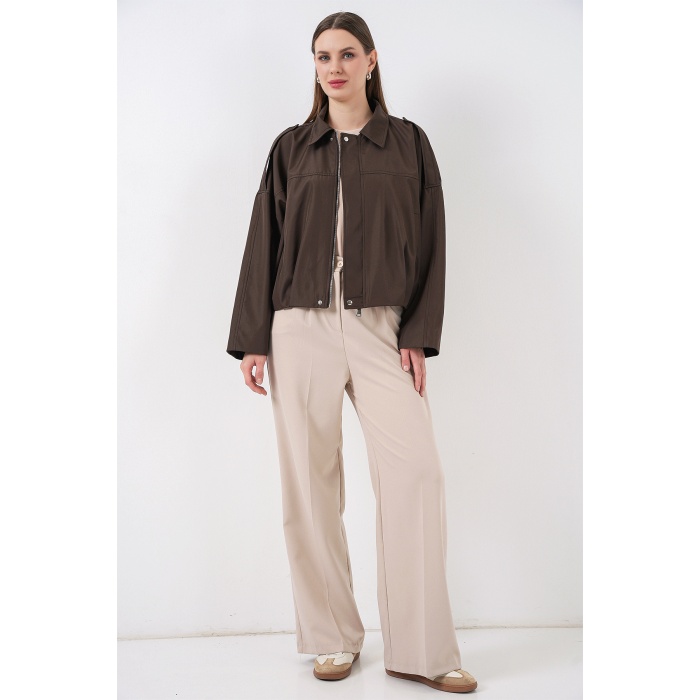 Kadın Oversize Kısa Ceket 0732 - Kahverengi