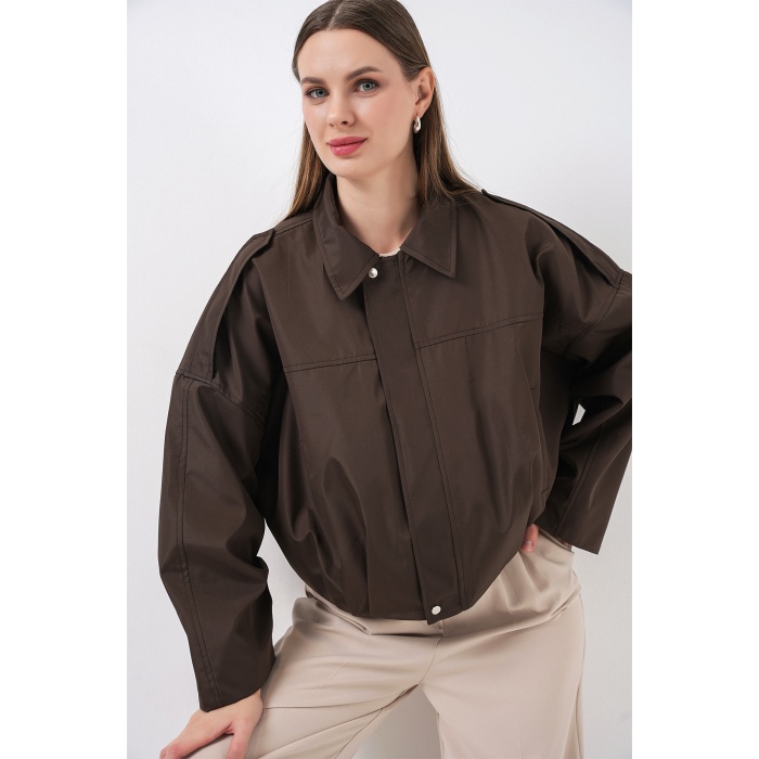 Kadın Oversize Kısa Ceket 0732 - Kahverengi