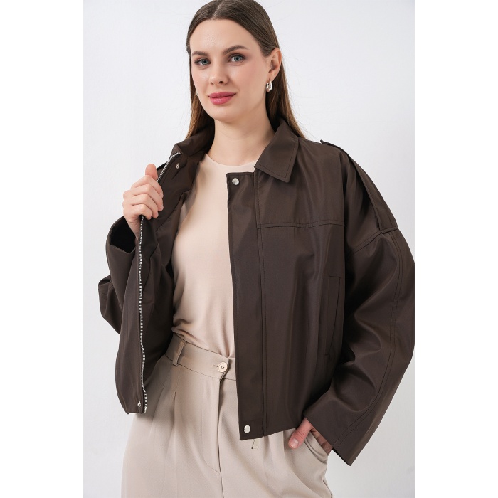 Kadın Oversize Kısa Ceket 0732 - Kahverengi
