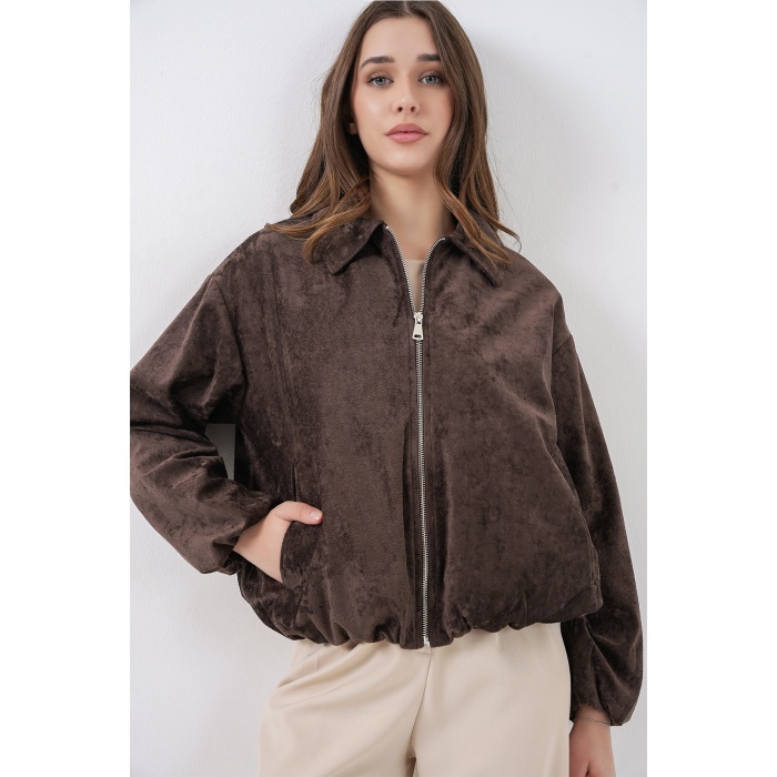 Kadın Büzgülü Oversize Kadife Ceket 0733 - Kahverengi