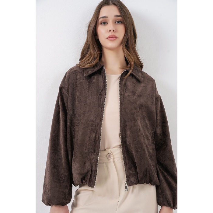Kadın Büzgülü Oversize Kadife Ceket 0733 - Kahverengi