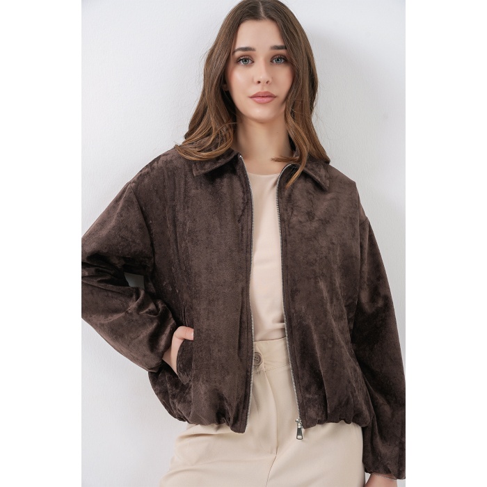 Kadın Büzgülü Oversize Kadife Ceket 0733 - Kahverengi
