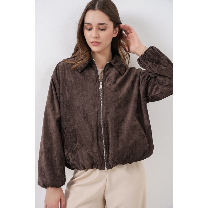 Kadın Büzgülü Oversize Kadife Ceket 0733 - Kahverengi
