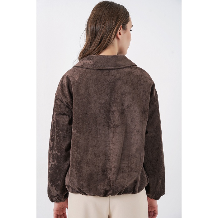 Kadın Büzgülü Oversize Kadife Ceket 0733 - Kahverengi