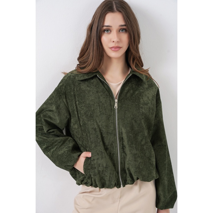 Kadın Büzgülü Oversize Kadife Ceket 0733 - Haki