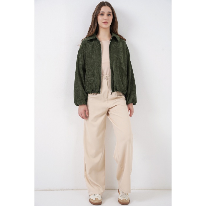 Kadın Büzgülü Oversize Kadife Ceket 0733 - Haki