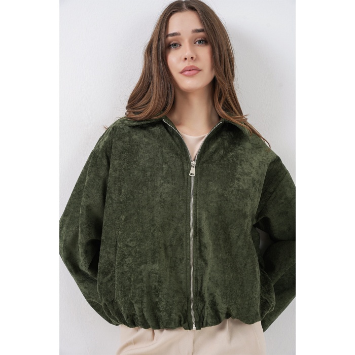 Kadın Büzgülü Oversize Kadife Ceket 0733 - Haki