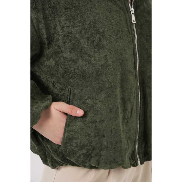 Kadın Büzgülü Oversize Kadife Ceket 0733 - Haki