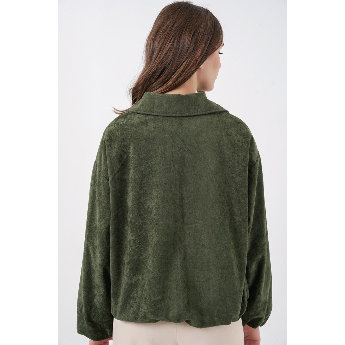 Kadın Büzgülü Oversize Kadife Ceket 0733 - Haki