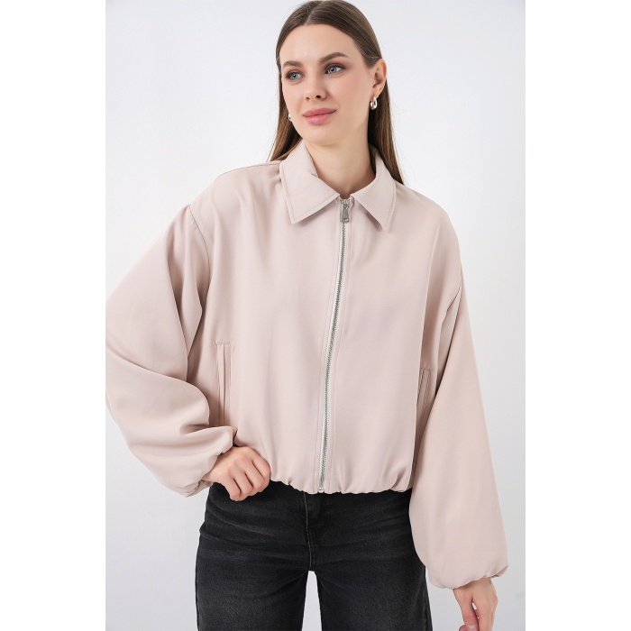 Kadın Oversize Fermuarlı Ceket 0735 - Krem
