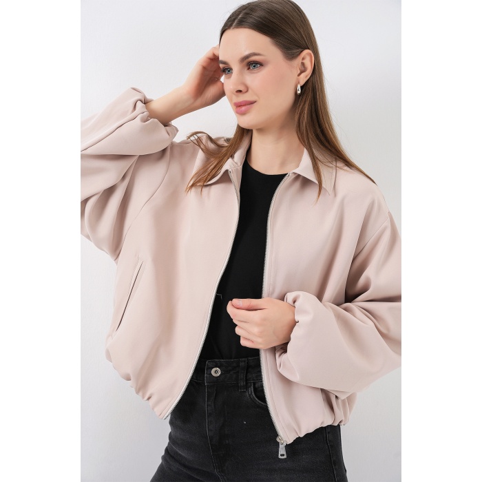 Kadın Oversize Fermuarlı Ceket 0735 - Krem