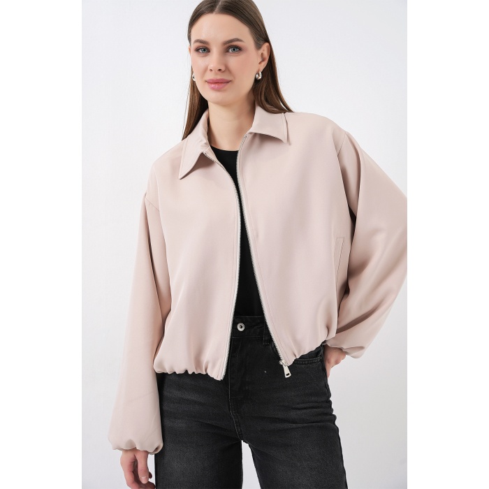 Kadın Oversize Fermuarlı Ceket 0735 - Krem