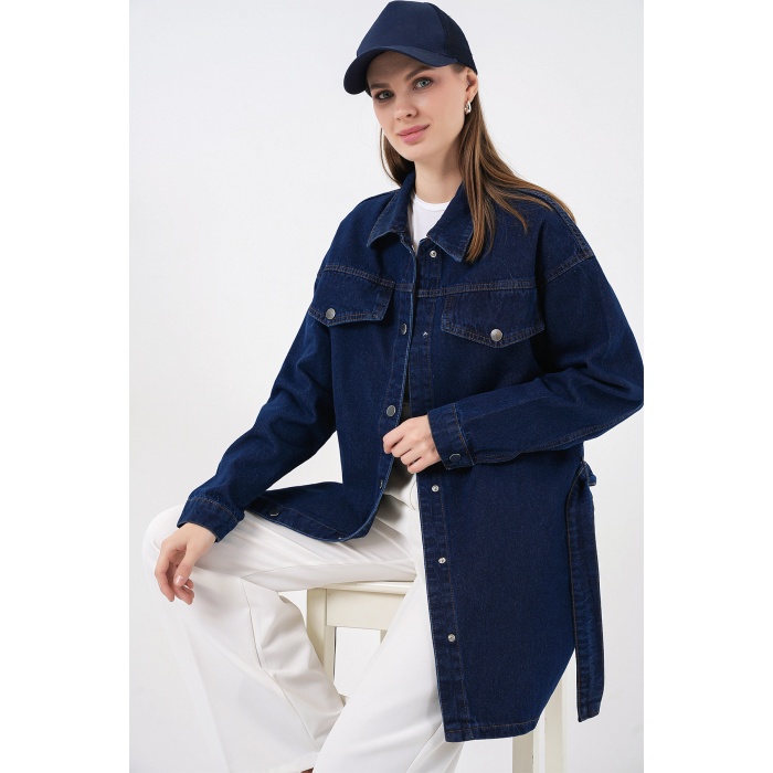 Kadın Boydan Düğmeli Kuşalı Kot Ceket 0740 - Lacivert