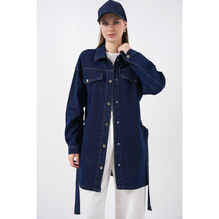 Kadın Boydan Düğmeli Kuşalı Kot Ceket 0740 - Lacivert