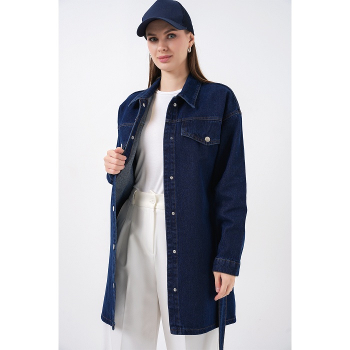 Kadın Boydan Düğmeli Kuşalı Kot Ceket 0740 - Lacivert
