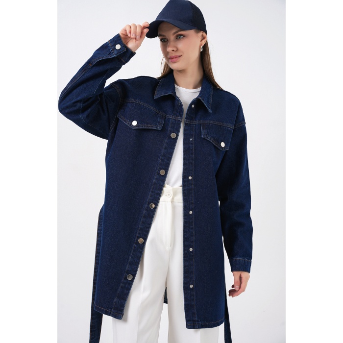 Kadın Boydan Düğmeli Kuşalı Kot Ceket 0740 - Lacivert