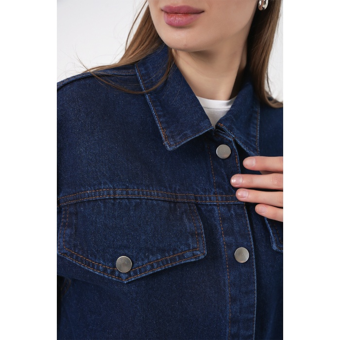 Kadın Boydan Düğmeli Kuşalı Kot Ceket 0740 - Lacivert
