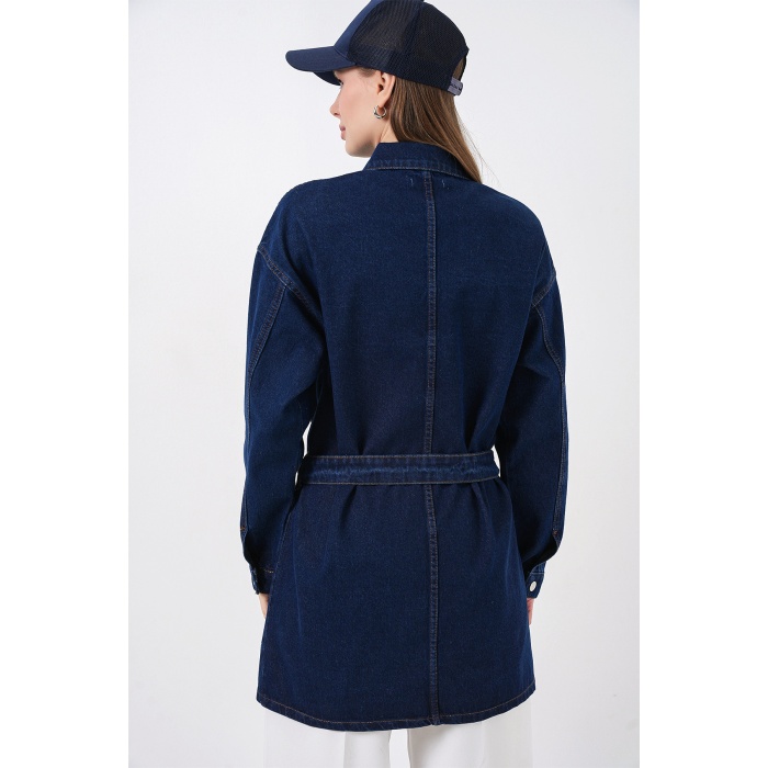 Kadın Boydan Düğmeli Kuşalı Kot Ceket 0740 - Lacivert