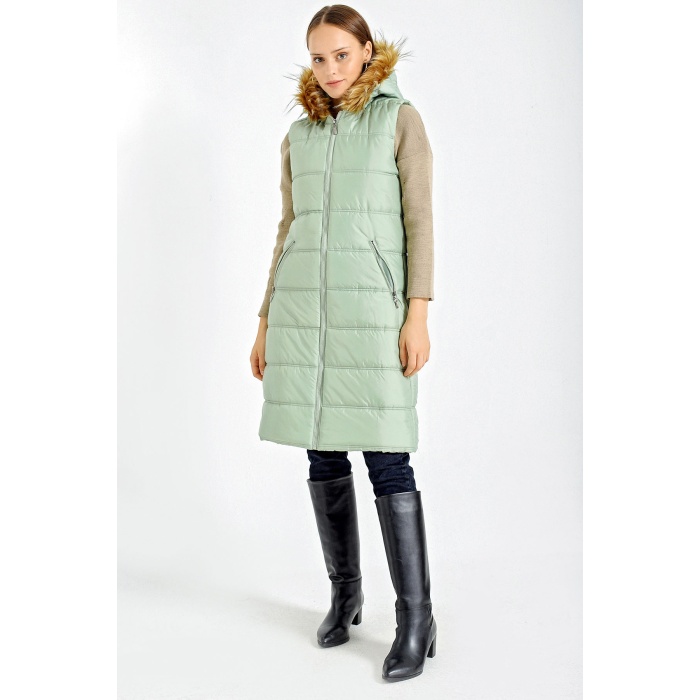 10233 Kapşonlu Kürklü Şişme Yelek - Mint