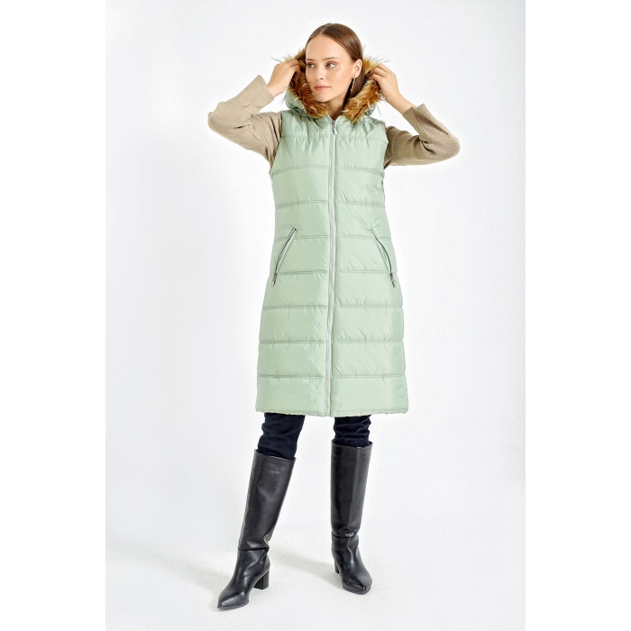 10233 Kapşonlu Kürklü Şişme Yelek - Mint