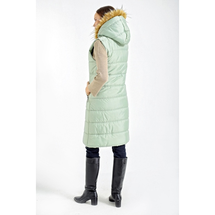 10233 Kapşonlu Kürklü Şişme Yelek - Mint