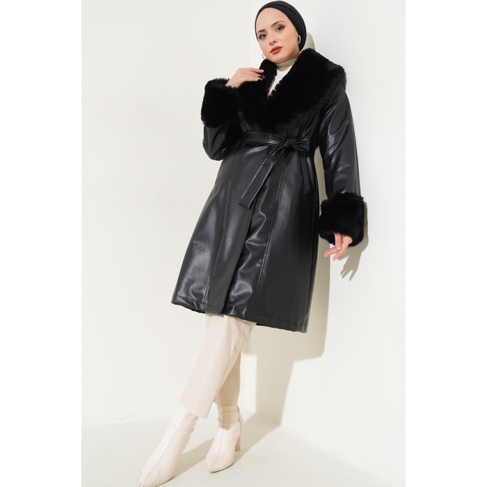 1026 Yaka Kürklü Kemerli Suni Deri Mont