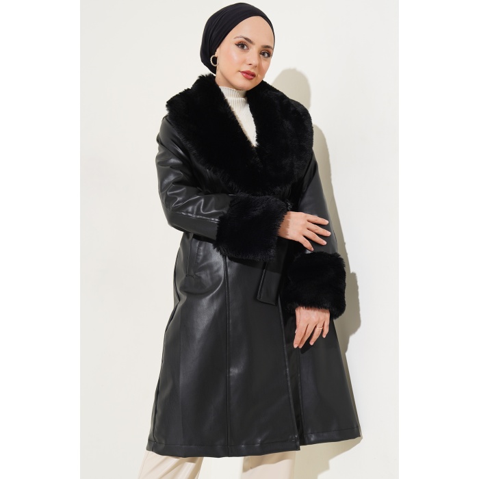 1026 Yaka Kürklü Kemerli Suni Deri Mont
