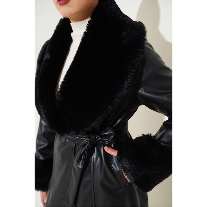 1026 Yaka Kürklü Kemerli Suni Deri Mont