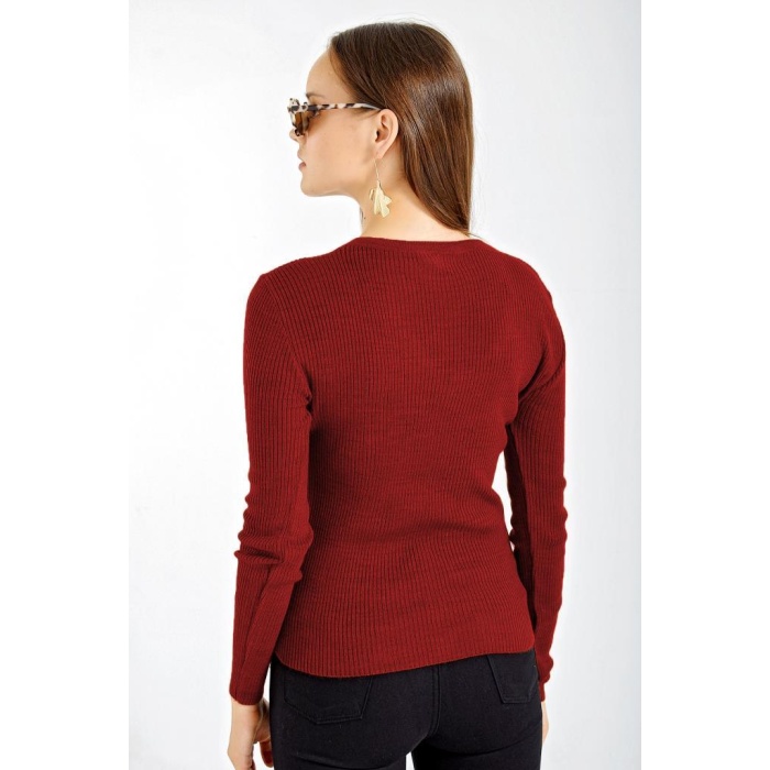 10297 Düğmeli Triko Hırka - Bordo