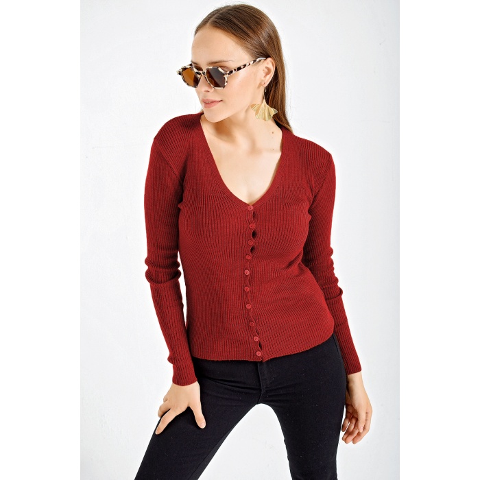 10297 Düğmeli Triko Hırka - Bordo