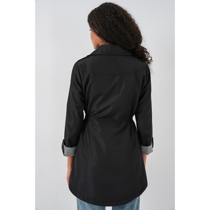 10322 Beli Büzgülü Trençkot - Siyah