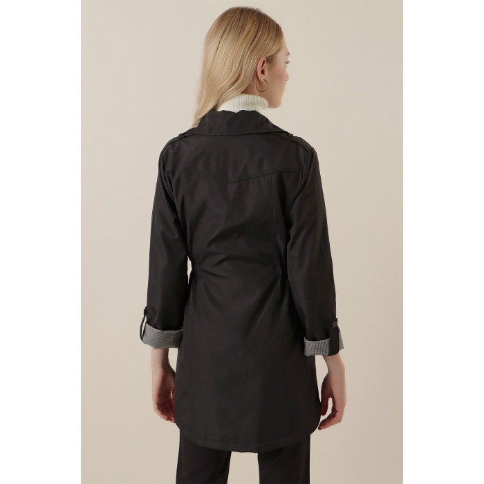 10322 Beli Büzgülü Trençkot - Siyah