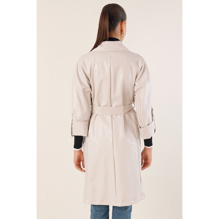 1034 Kuşaklı Suni Deri Trençkot - Ekru