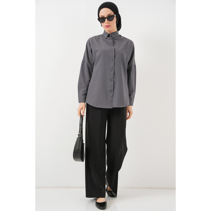 103901 Oversize Basic Tesettür Gömlek - Gri