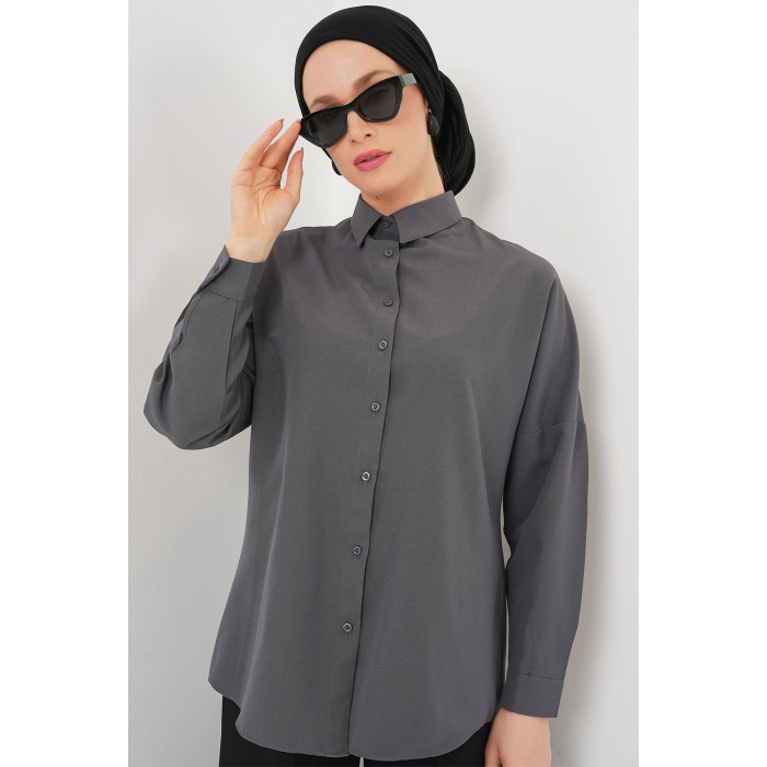 103901 Oversize Basic Tesettür Gömlek - Gri