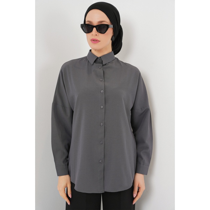 103901 Oversize Basic Tesettür Gömlek - Gri