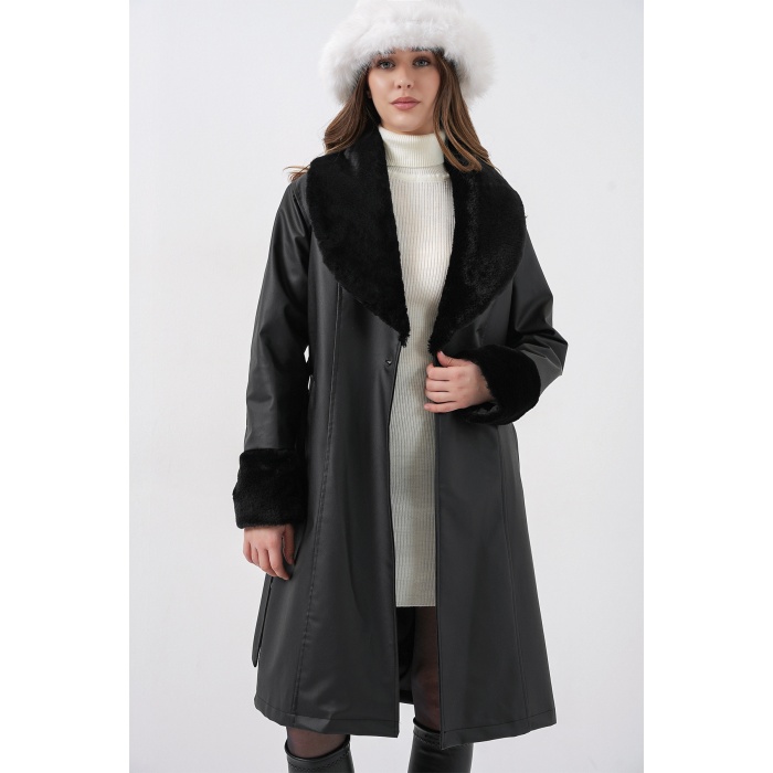 1045 Kürklü Suni Deri Kaban - Siyah