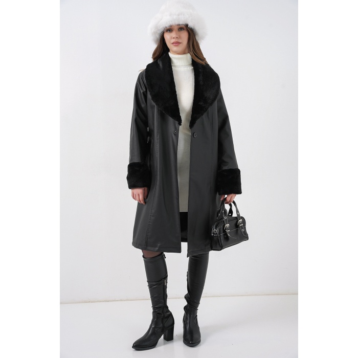 1045 Kürklü Suni Deri Kaban - Siyah