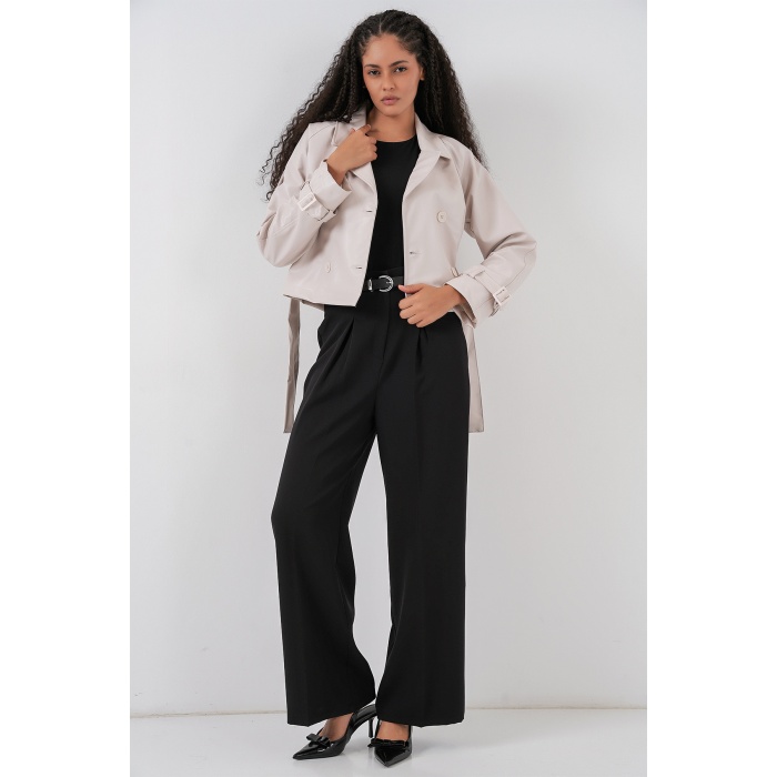 Kadın Kemerli Suni Deri Ceket 1046 - Ekru