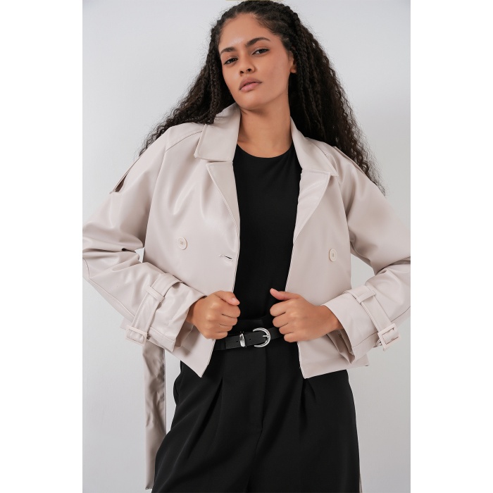 Kadın Kemerli Suni Deri Ceket 1046 - Ekru