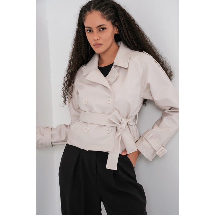 Kadın Kemerli Suni Deri Ceket 1046 - Ekru