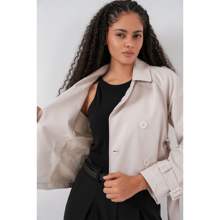 Kadın Kemerli Suni Deri Ceket 1046 - Ekru