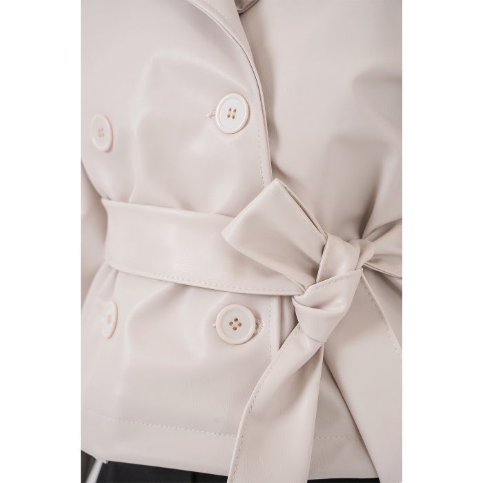 Kadın Kemerli Suni Deri Ceket 1046 - Ekru